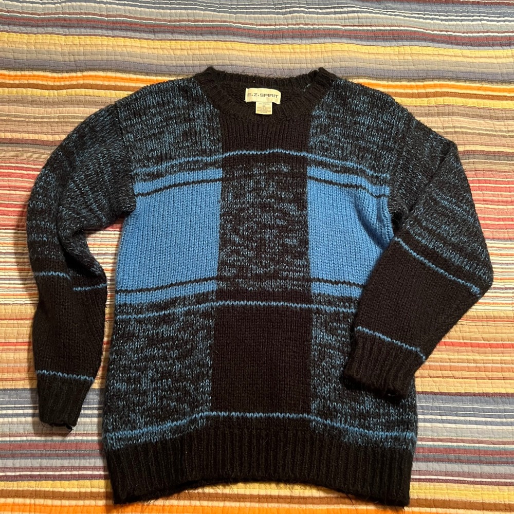 EZ Spirit Men's Women's Vintage 80s Black‎ Blue Plaid Knit Sweater M